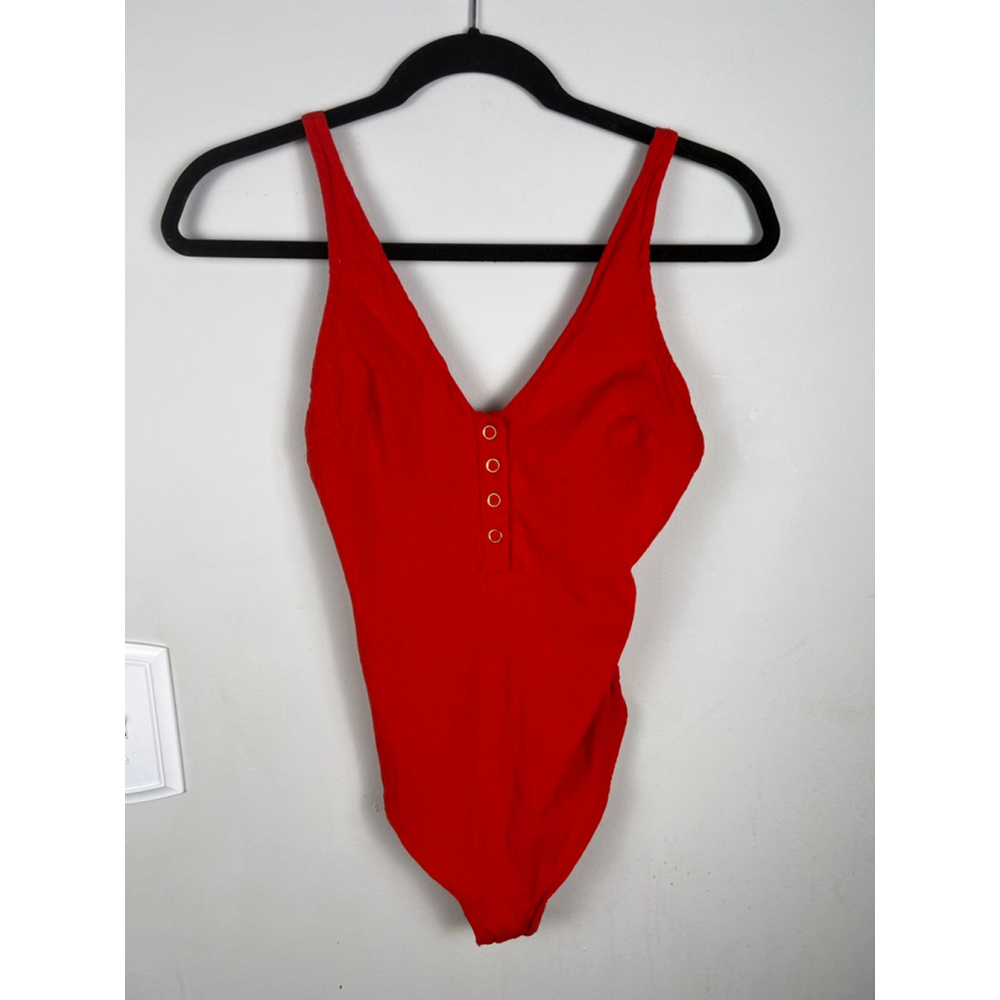 Women's Free People Red Ribbed V-Neck Bodysuit XS Festival Layering Henley - Picture 2 of 7